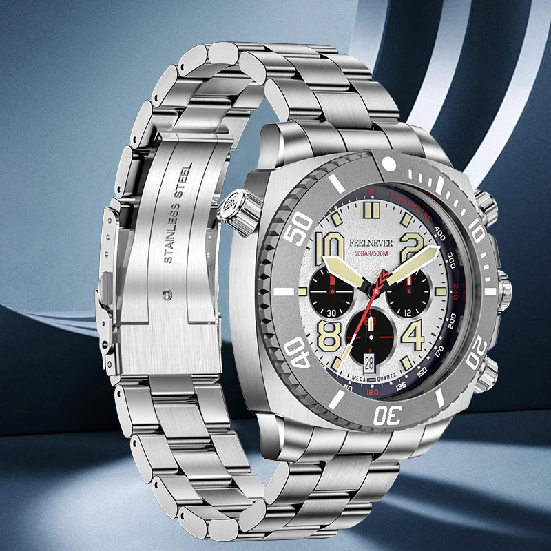 FeelNever Sport Automatic Movement Quartz Watch Stainless Steel Sapphire Crystal Watches Men 500M Waterproof Clocks Reloj Hombre
