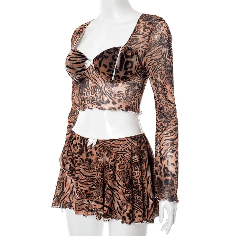 Leopard Print Skinny 2-Piece Set | Mesh Sleeve Crop Top & Ruched Skirt