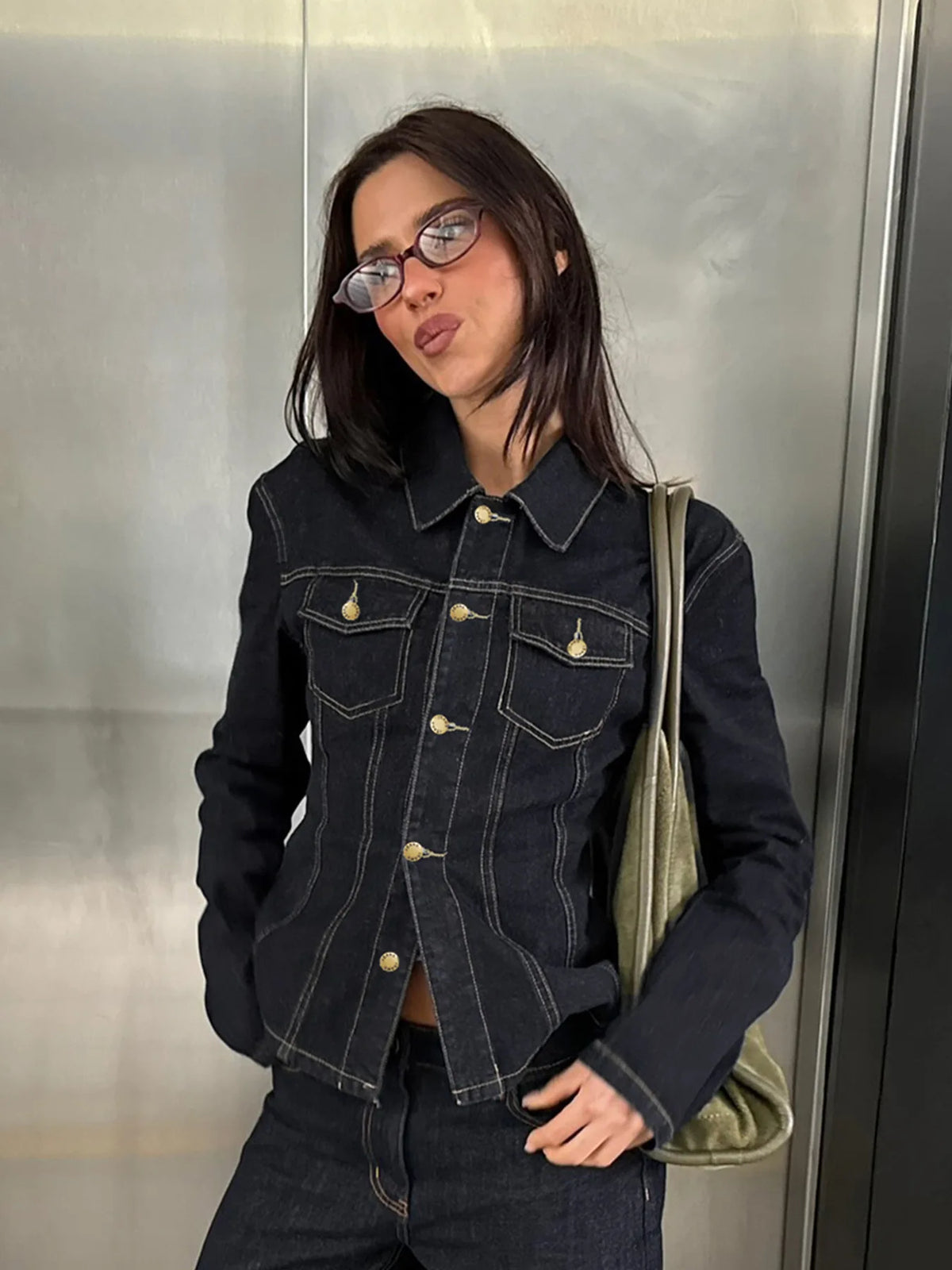 Y2K Vintage Patchwork Denim Jacket – Retro Streetwear Long-Sleeve Coat