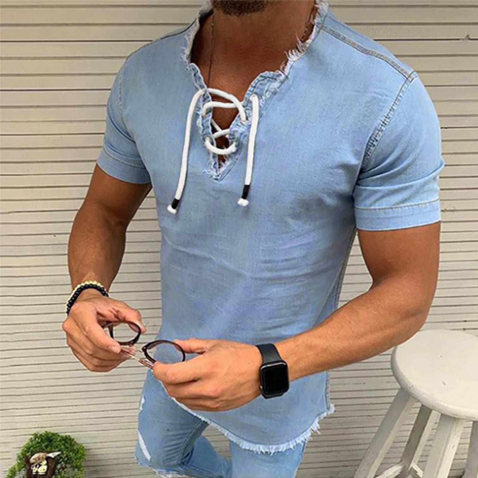 Jeans Shirt Jackets For Man Short Shirt Tops Male V Tassel Denim Solid Neck Sleeve Blouse Men рубашка мужская с длинным рукавом