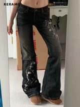 Weekeep Floral Embroidery Low Rise Flared Jeans Women