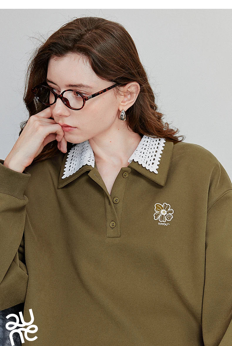 Women’s Green Colorblock Collared Sweatshirt