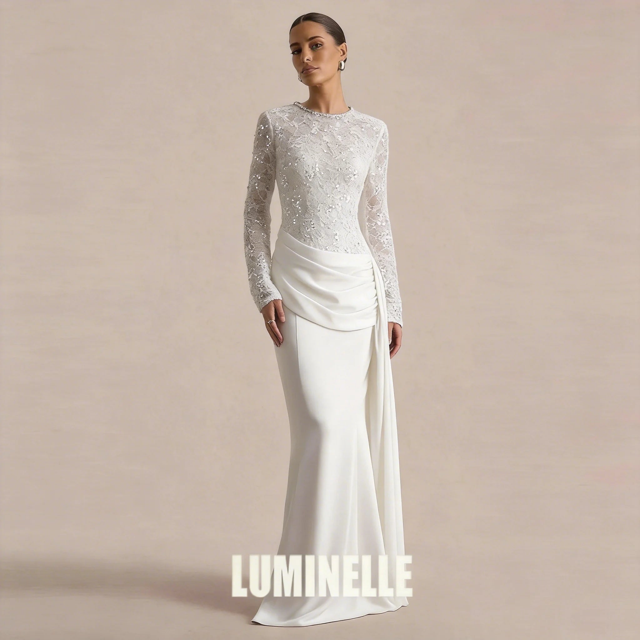Satin Lace Sequin Evening Gown – Floor-Length Formal Dress