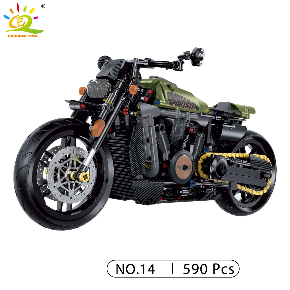 HUIQIBAO 1:8 Classic Motorbike Building Blocks High-tech Model Moto City Racer Bricks Toy for Kid Boy Children Adult MOC Car Set