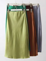 Women's Satin Midi Skirt – Elegant A-Line with Slit