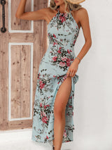 Elegant Floral Print High Slit Halter Dress