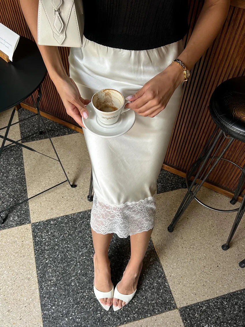 Elegant High-Waist Lace Midi Skirt