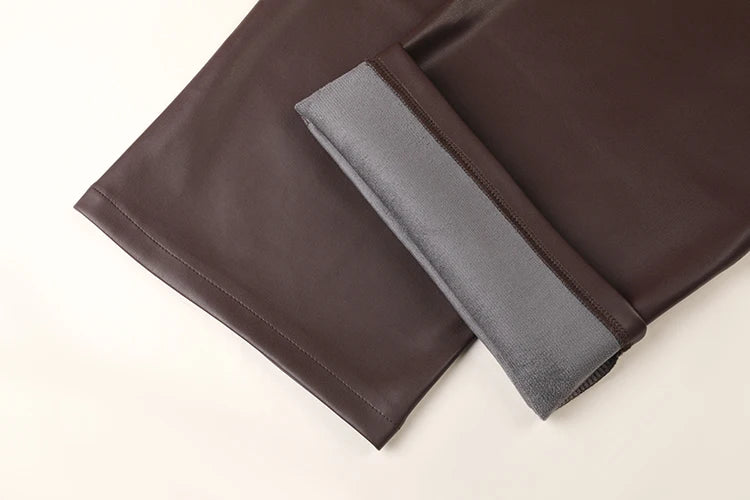 Women's High Waist Faux Leather Wide Leg Fleece Pants