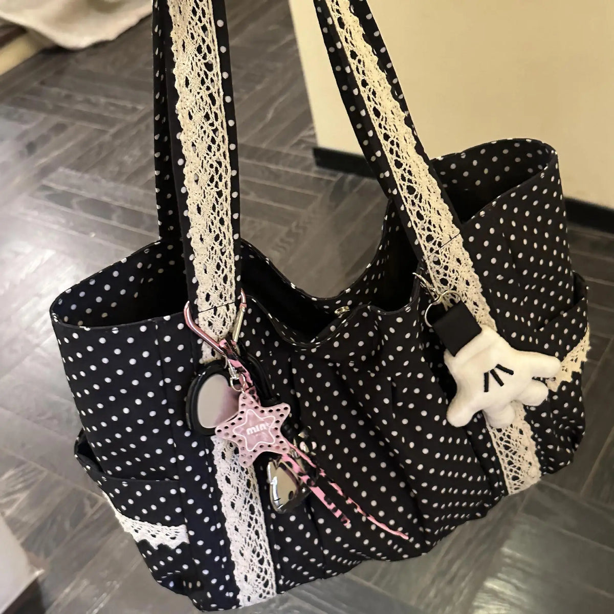 Women Niche Sweet Lace Shoulder Bag Korean Style Vintage Polka Dot Canvas Handbag Large Capacity Multi Pocket Commuting Tote Bag