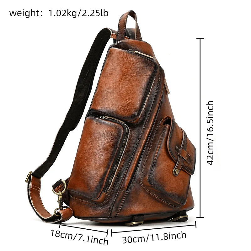 Single Shoulder Bagpack Genuine Leather Chest Bag Outdoor Riding Bag Chest Packs For Biker Men Male Sling Bags Cow Leather