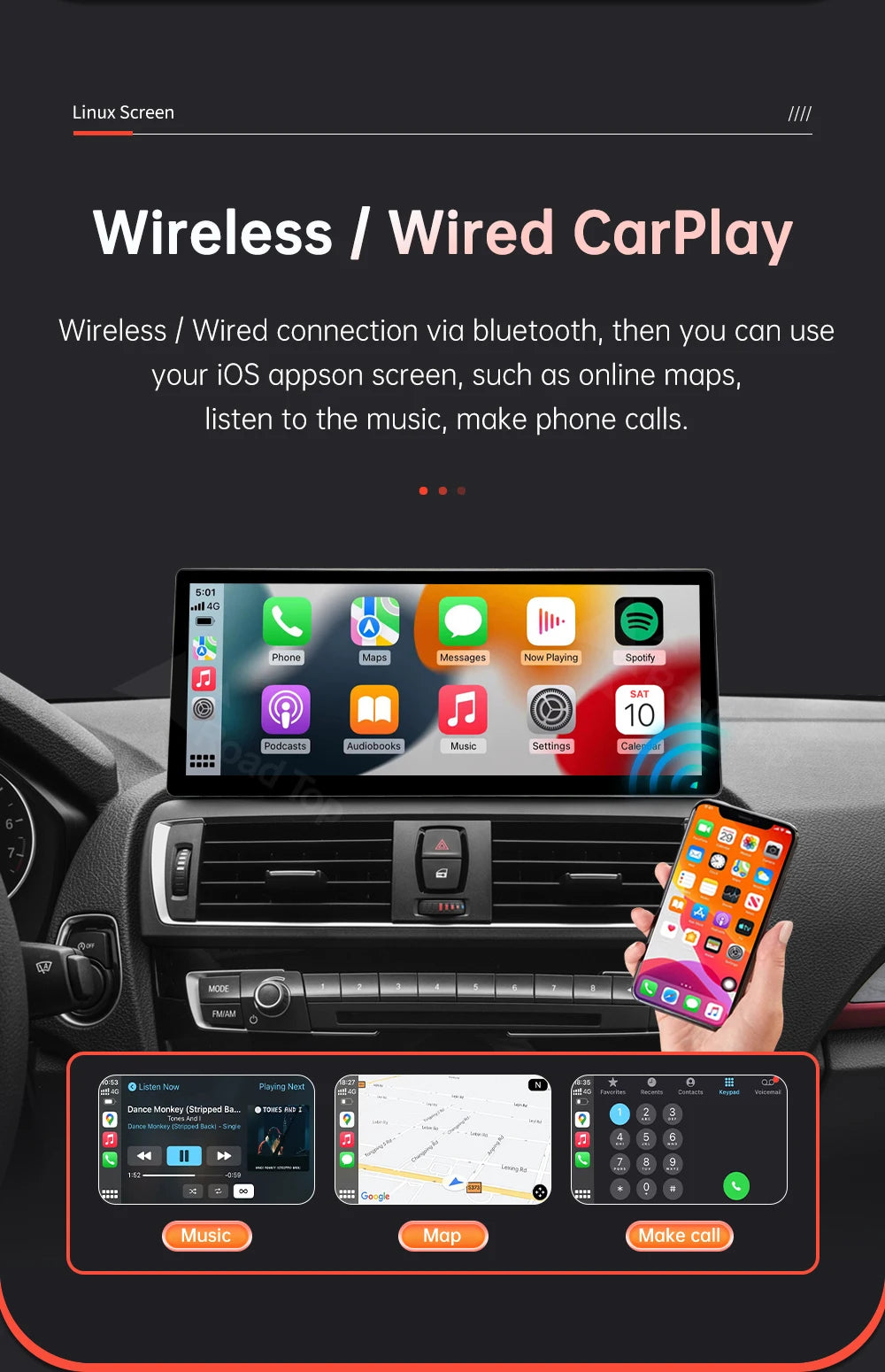 12.3'' BMW F20/F21/F22/F23 Linux CarPlay & Android Auto Screen