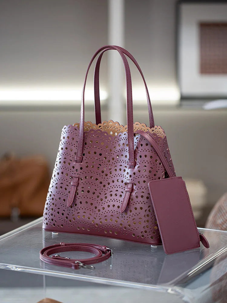 New Tote Bag French Cowhide Handmade Bag Niche Laser Engraved Hollow Leather Vegetable Basket Bag Casual Versatile Temperament