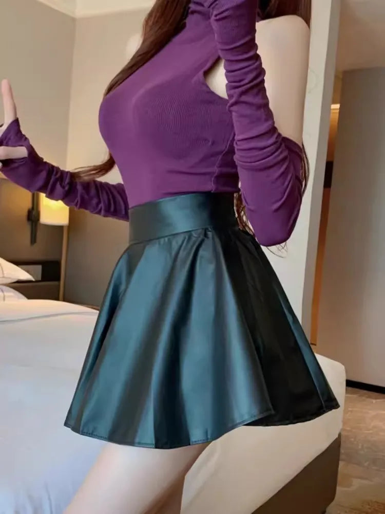 High-Waist Pleated Faux Leather Mini Skirt