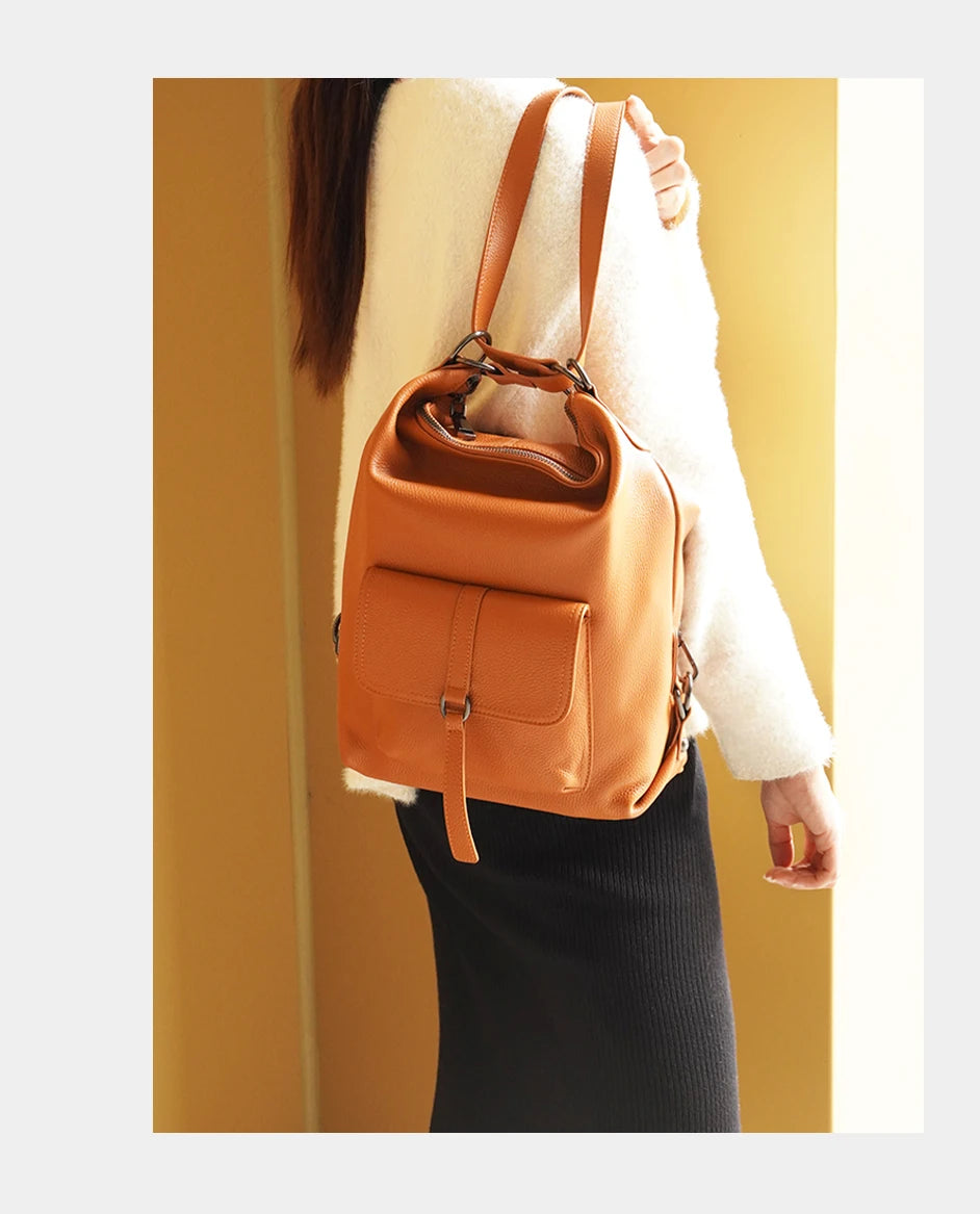Zency Stylish Women Shoulder Bag 100% Genuine Leather Large Capacity Handbag Multifunction Satchel Bag Backpack Brown 2 in 1 Bag