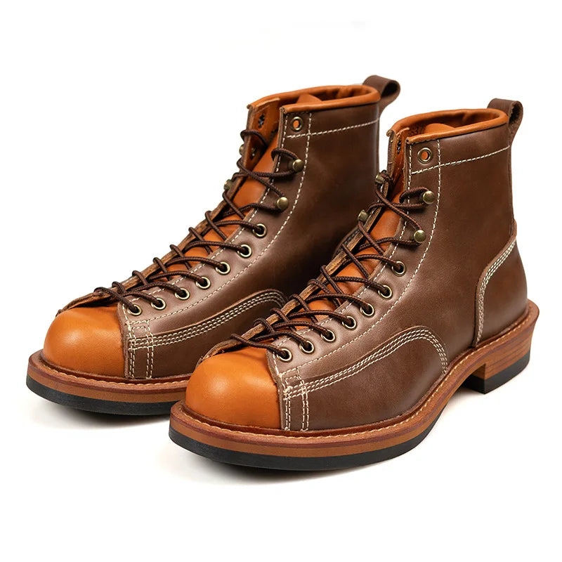 KOWM Hiking shoes men's cowhid boots British leather trekking shoes thick soled ankle sneakers cowhide high top motorcycle boots