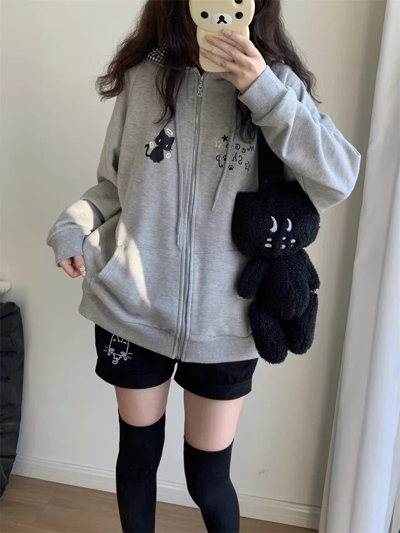 Women's Cute Cat Print Relaxed Zip-Up Hoodie