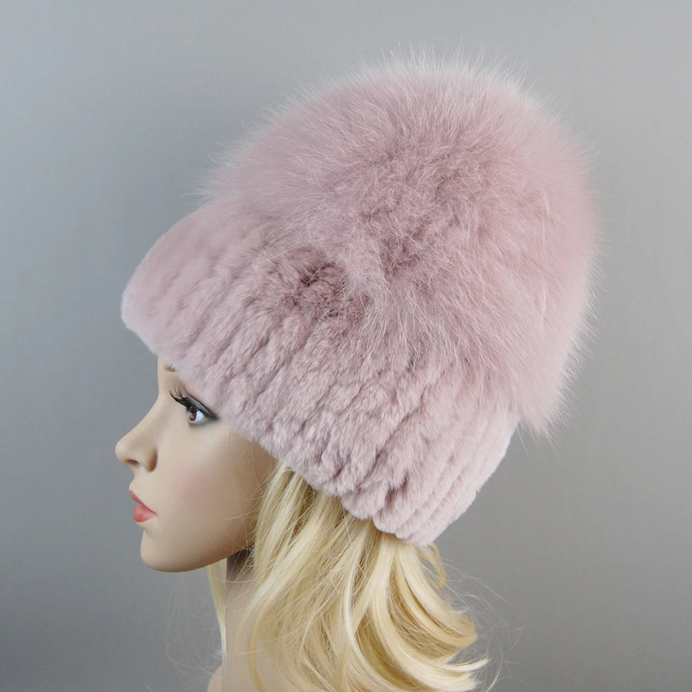 Women's Luxury Rex Rabbit & Fox Fur Beanie Hat