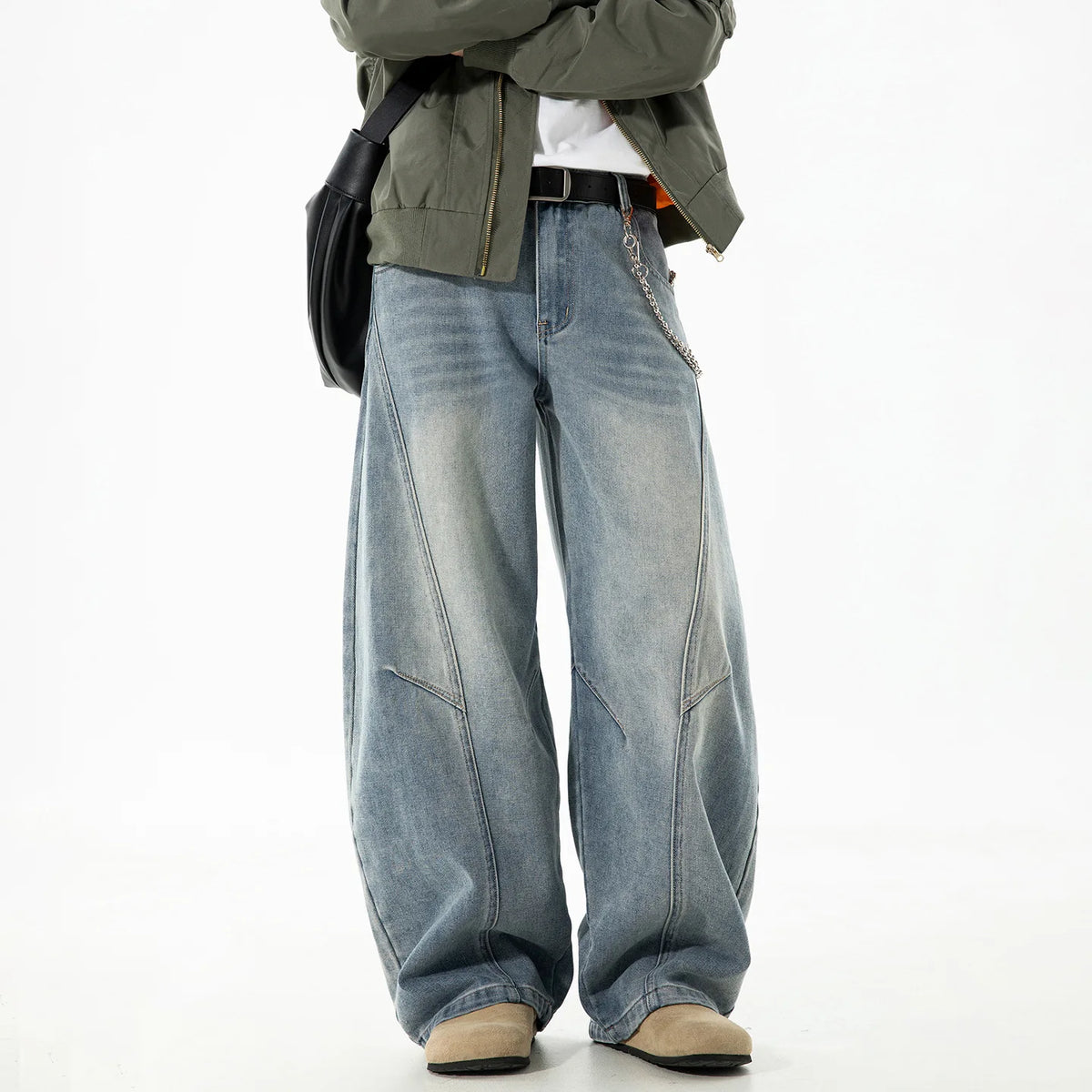 Autumn Retro Structured Split Washed Distressed Curved Jeans with Men's Silhouette Loose Straight Leg Pants Trendy Street Style