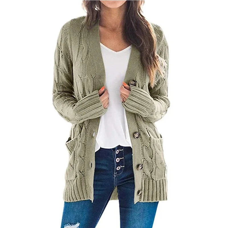Women's V-Neck Button-Down Cardigan – Soft Loose Fit Knitted Sweater Jacket