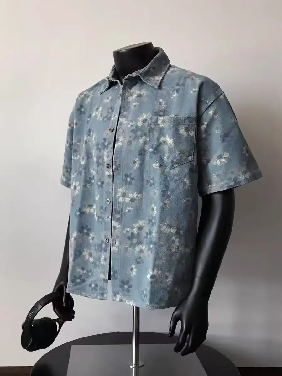 2025 Summer New Floral Short Sleeve Men's Denim Shirt Thin American Retro Layered Wear Outerwear Jacket Breathable Polyester