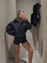Fashion Navy Polka Dot Shorts Set For Women Casual Stand Collar Zipper Jacket & High Waist Shorts Lady 2026 Spring Chic Outfits