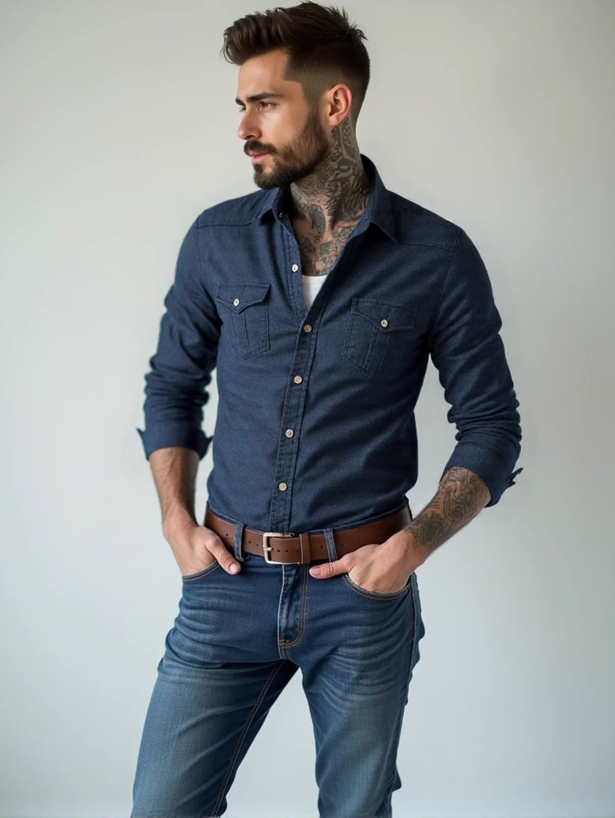 RVHS Elastic Cotton Denim Shirt Men Long Sleeve Quality Cowboy Shirts for Men Casual Slim Fit Mens Designer Clothing