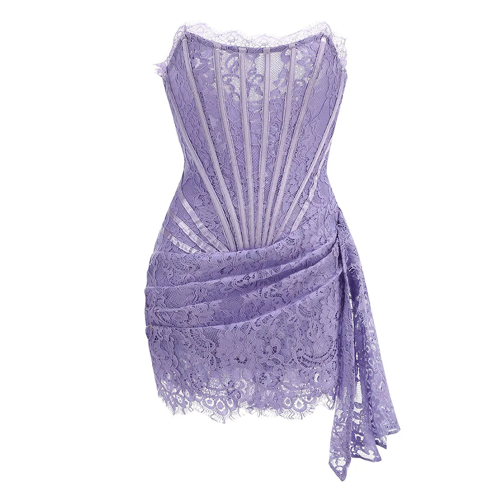Strapless Lace Mini Dress – Elegant Sheer Patchwork Slim Fit Evening Dress