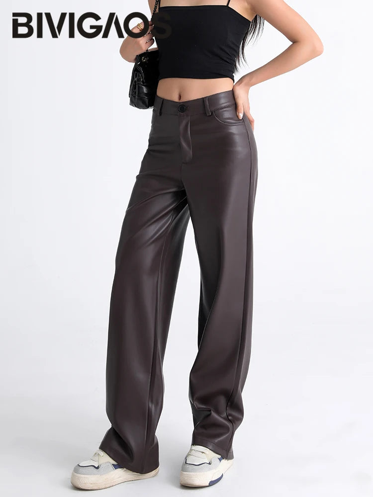 Women's High Waist Faux Leather Wide Leg Fleece Pants