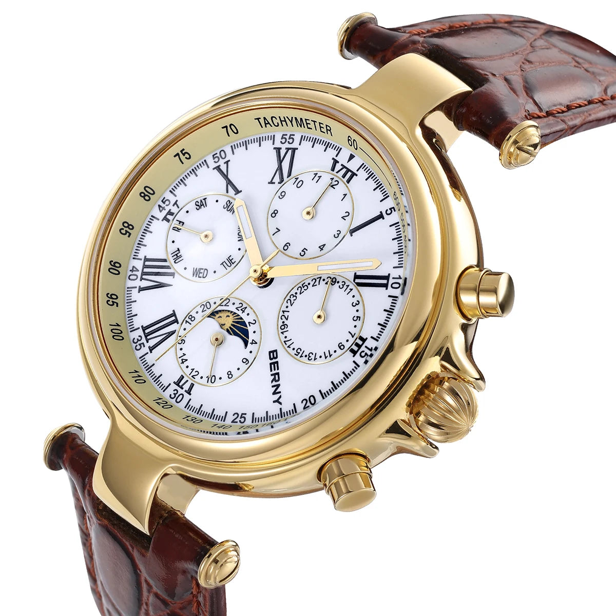 BERNY Retro Automatic Men's Watch Sun&Moon Phase Luminous ST1652 Classic Genuine Leather Luxury Mechanical Men's Dress Watches