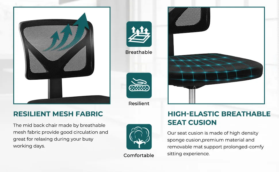 JHK Armless Mesh Office Chair | Lumbar Support & 360° Swivel