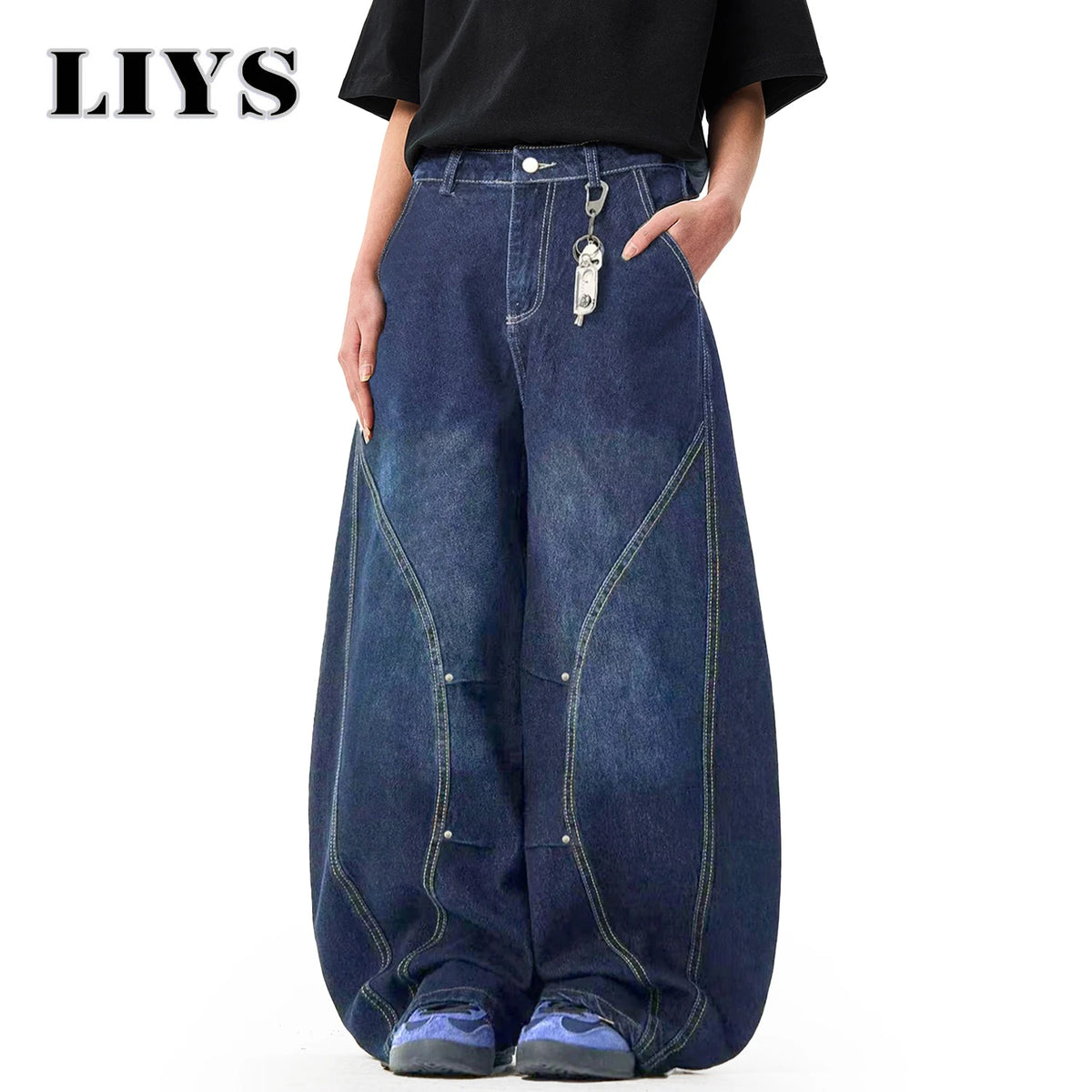 Unisex Blue Wide-Leg Balloon Jeans