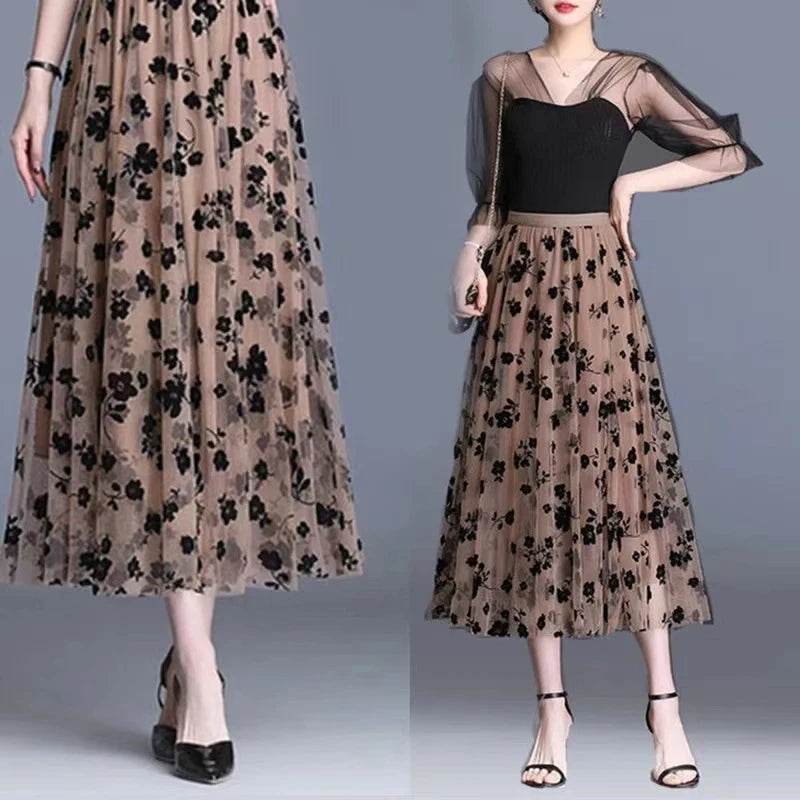 Romantic Floral Tulle A-Line Midi Skirt