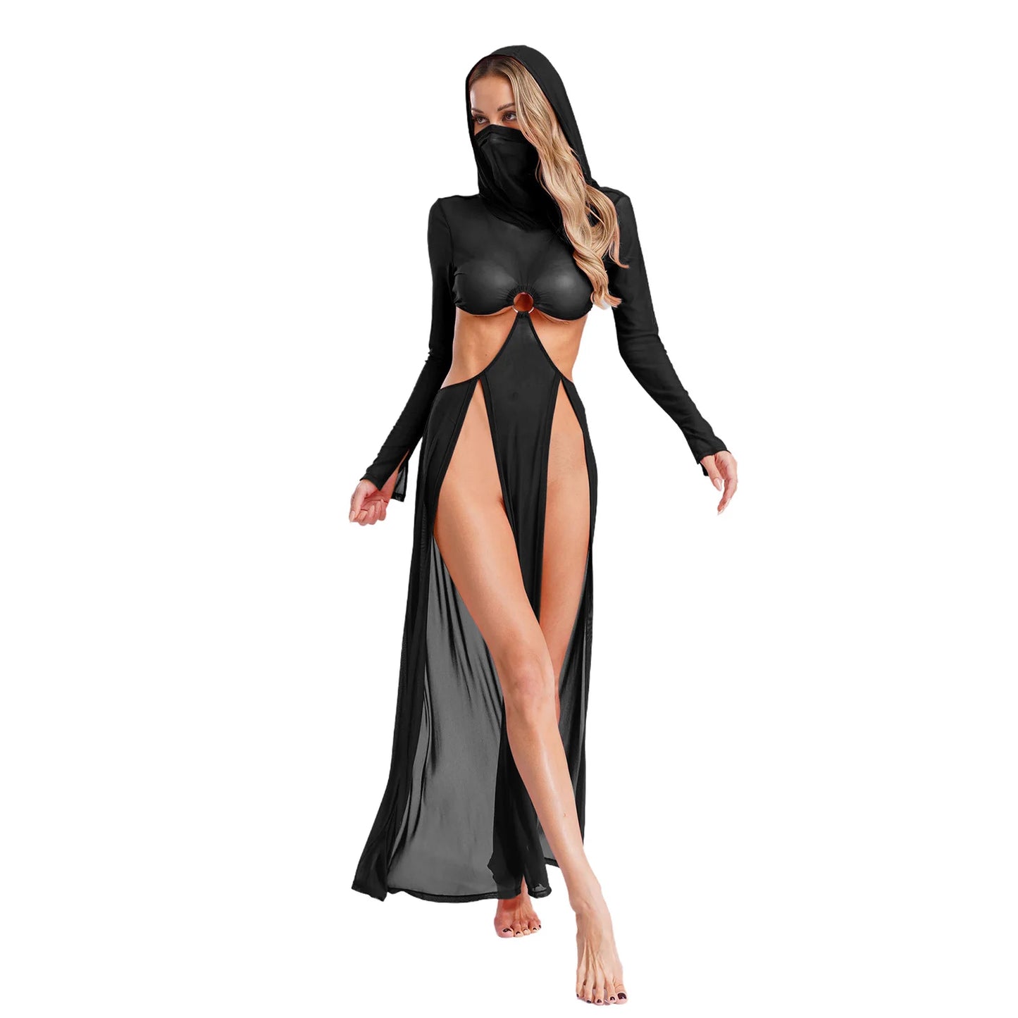 Women’s Hooded Mask Sheer Maxi Dress
