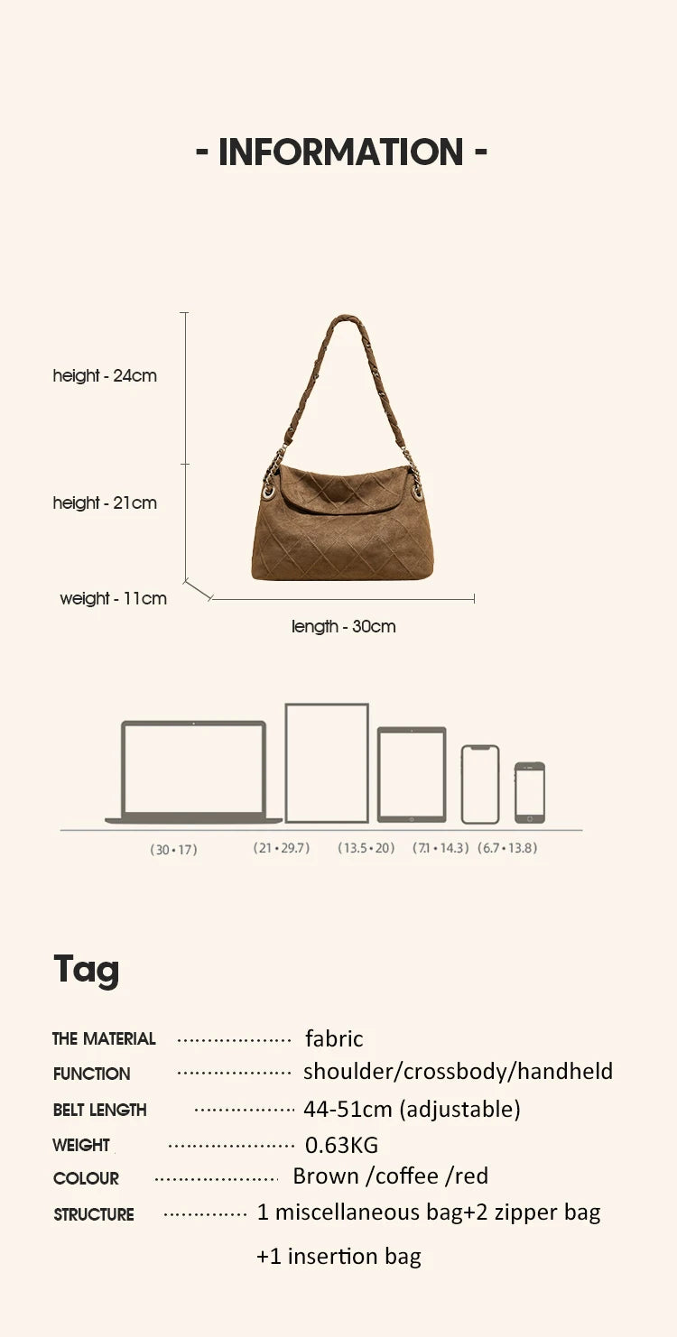 LAORENTOU Fabric Women's Strap Shoulder Bag Advanced Retro Underarm Large Capacity Fashion Quilted Handbag for Women Cossbody