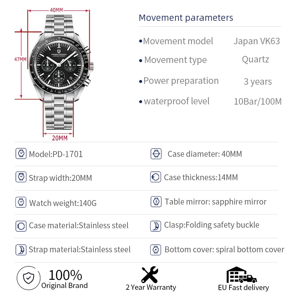 PAGANI DESIGN 2026 New V6 Moon Watches Men Luxury Quartz Watch For Men Speed Sport Chronograph AR Sapphire Crystal Wristwatch