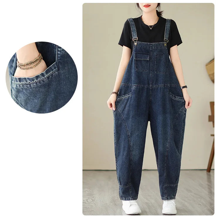 Vintage Patchwork Denim Cargo Overalls