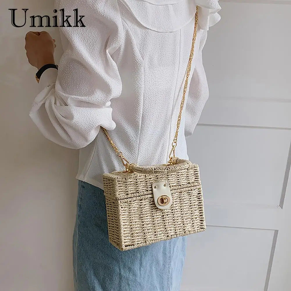 Rattan Straw Shoulder Bag Women Boho Hand-Woven Basket Messenger Pouch Summer Beach Square Box Top-handle Handbag