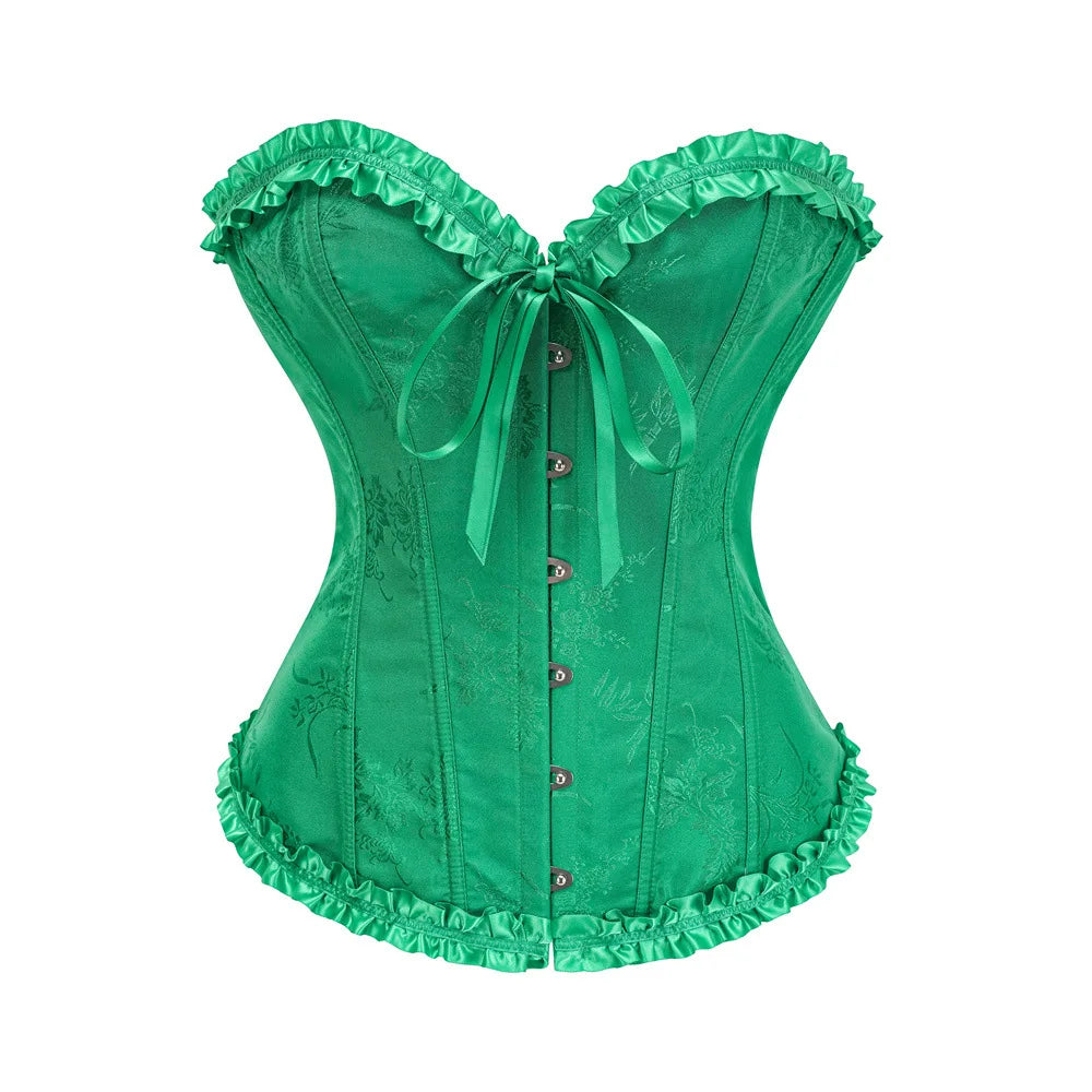 USA-Made Jacquard Ruffled Overbust Corset – Gothic Victorian Push-Up Bustier