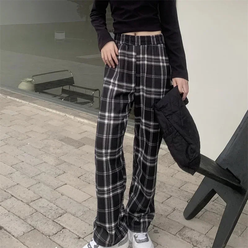 Plaid Plush Wide-Leg Trousers