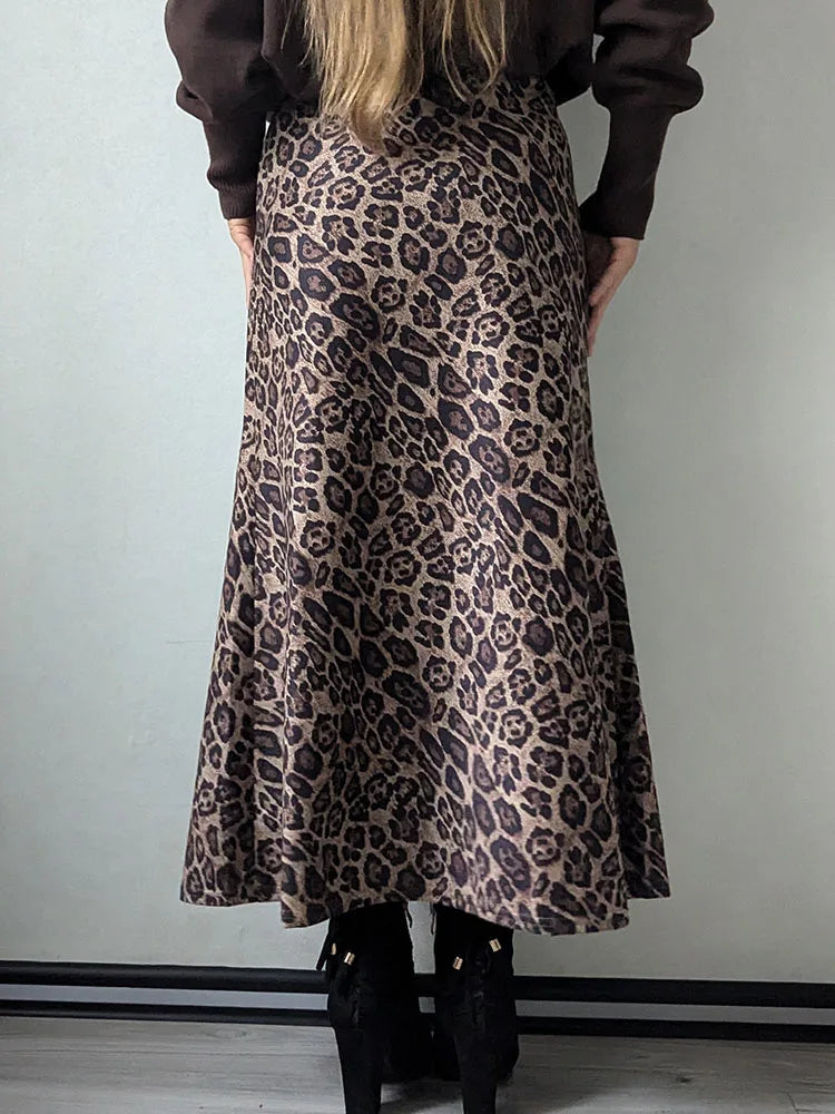 Leopard Print Suede Maxi Skirt – Women's Autumn Winter