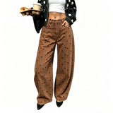 Fashion Women Barrel Jeans Dot Print Loose Denim Pants Spring Casual Baggy Trousers Fashion Wide-Leg Pants