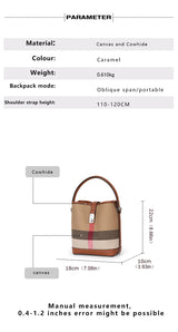 New canvas paired with cowhide women's shoulder crossbody bag, fashionable plaid pattern bucket bag