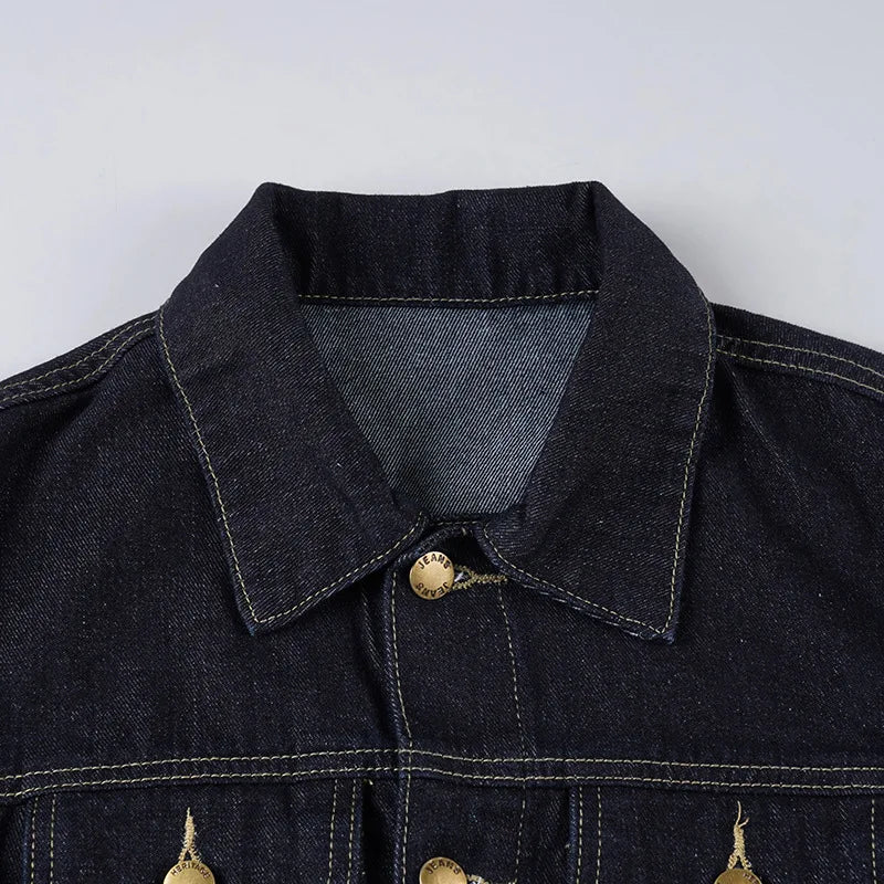 Y2K Vintage Patchwork Denim Jacket – Retro Streetwear Long-Sleeve Coat