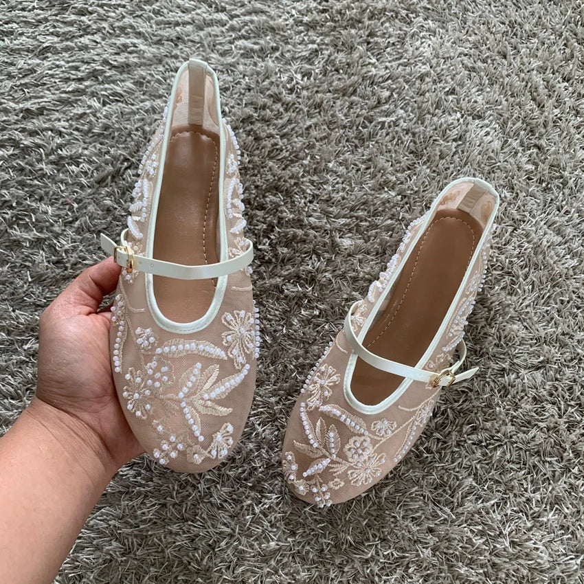 Embroidered Bead Ballet Flats | Breathable Mary Jane Sandal