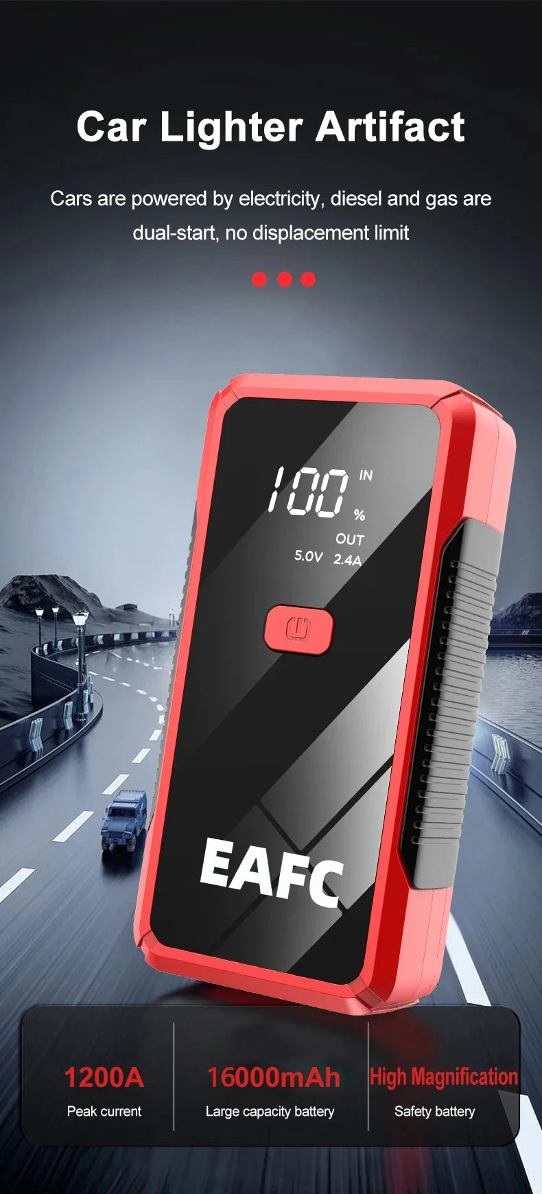 EAFC 12V  Car Jump Starter Power Bank Portable Car Battery Booster ChargerStarting Device Auto Emergency Start-up Lighting