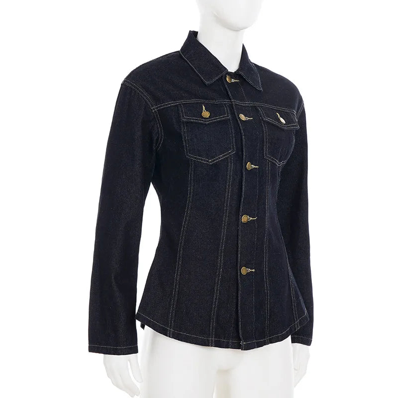 Y2K Vintage Patchwork Denim Jacket – Retro Streetwear Long-Sleeve Coat