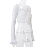 Cryptographic Fashion Y2K Ruffle Tiered Mini Skirts Co-ord Sets Elegant Outfits Tie Front Tops and Skirt 2 Piece Matching Sets