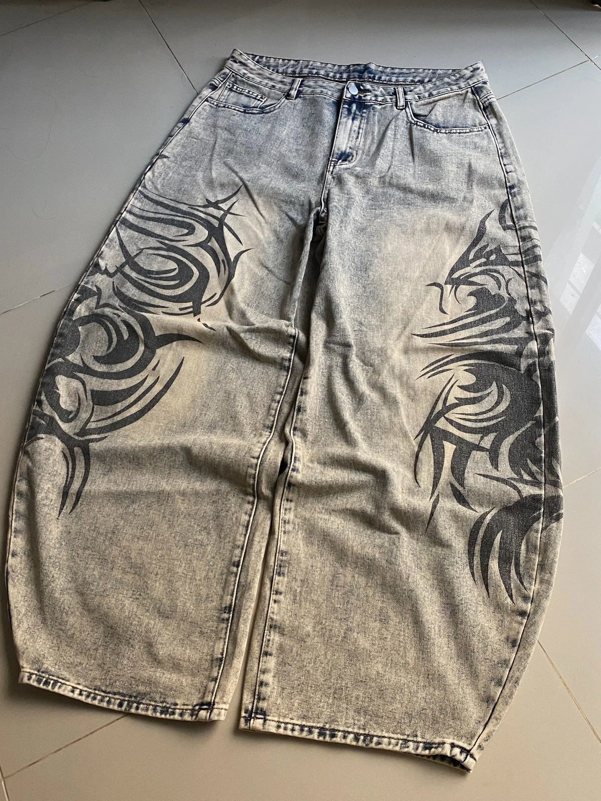 Men’s Y2K Gray Printed Loose-Fit Jeans