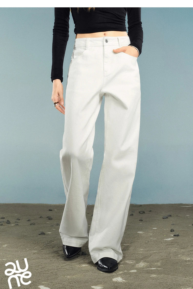 TOYOUTH Women Denim Jeans 2025 Autumn New Lycra Stretch Washed Wide Leg Straight Long Pants