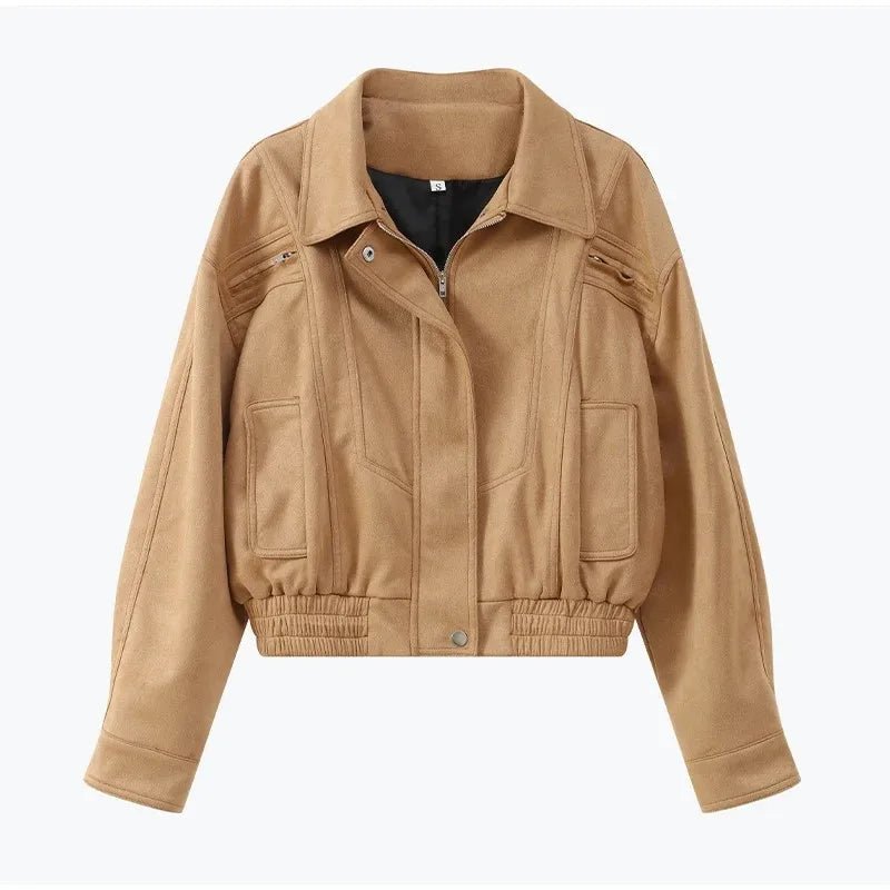Brown Retro Suede Lapel Zippered Short Jackets Women's Casual Full Sleeves Pocket Loose Coats 2026 Spring Daily Commute Outwear